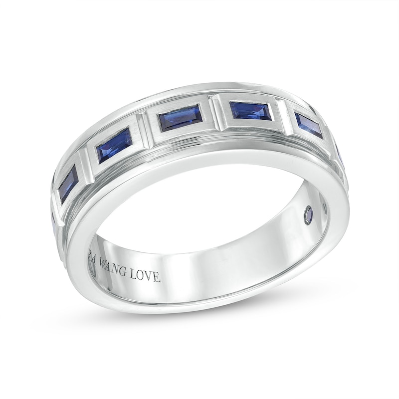 Main Image 1 of Vera Wang Men's Men’s Sideways Baguette-Cut Blue Sapphire Band in 14K White Gold