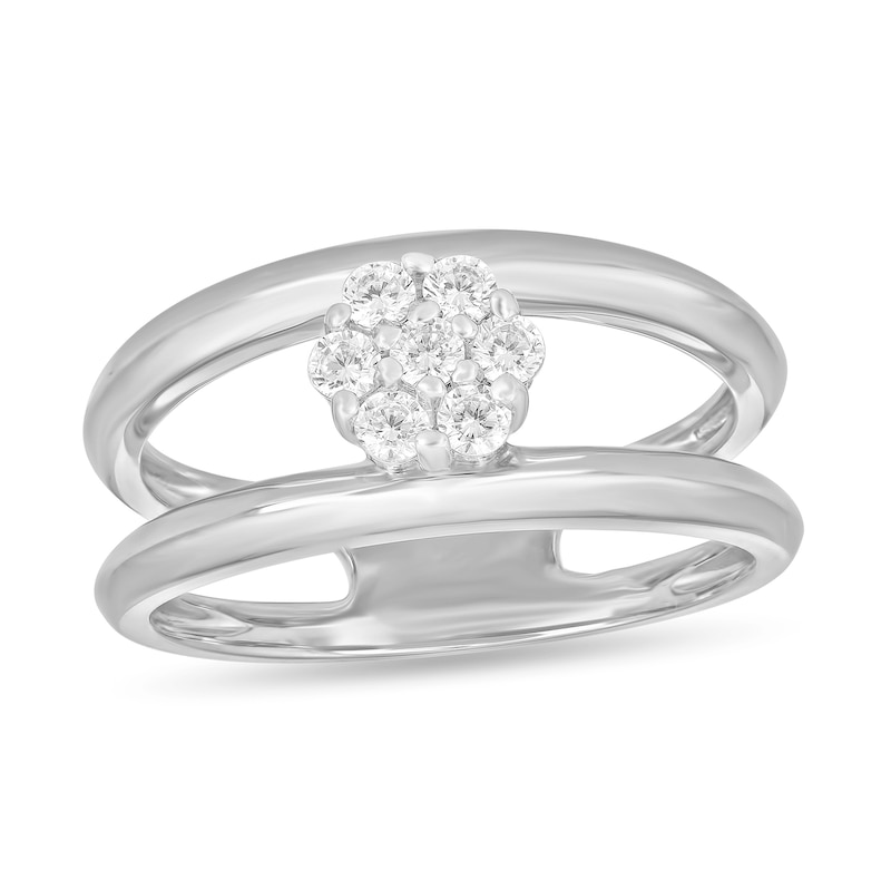 Main Image 1 of 1/4 CT. T.W. Multi-Diamond Floral Orbit Open Shank Ring in 14K White Gold