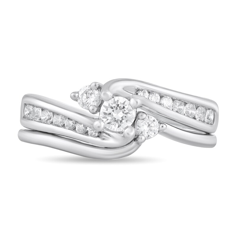 Main Image 3 of 1/2 CT. T.W. Diamond Three Stone Bypass Bridal Set in 14K White Gold (H-I/I1-I2)