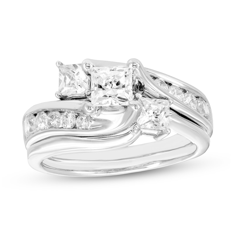Main Image 1 of 1-1/2 CT. T.W. Princess-Cut Diamond Three Stone Bypass Bridal Set in 14K White Gold (H-I/I1)