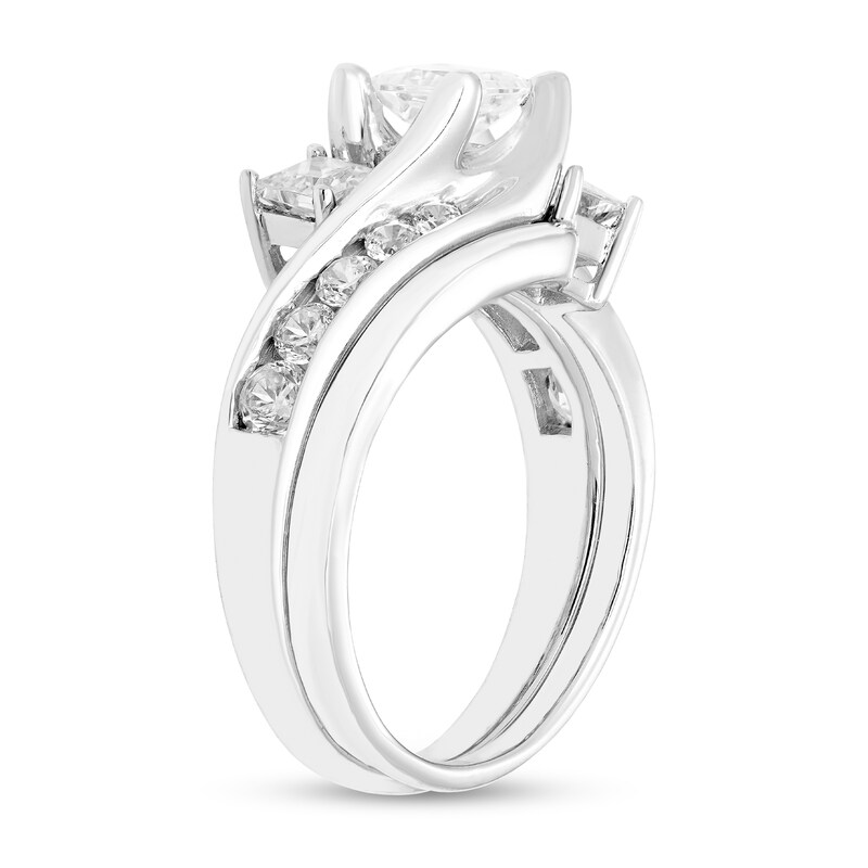 Main Image 2 of 1-1/2 CT. T.W. Princess-Cut Diamond Three Stone Bypass Bridal Set in 14K White Gold (H-I/I1)