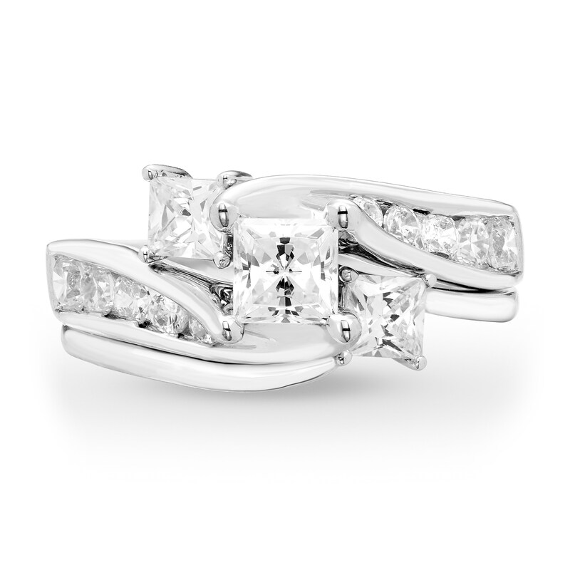 Main Image 3 of 1-1/2 CT. T.W. Princess-Cut Diamond Three Stone Bypass Bridal Set in 14K White Gold (H-I/I1)