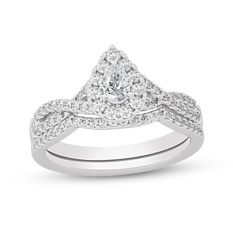 Main Image 1 of 3/4 CT. T.W. Pear-Shaped Diamond Frame Twist Shank Bridal Set in 14K White Gold (I/SI2)