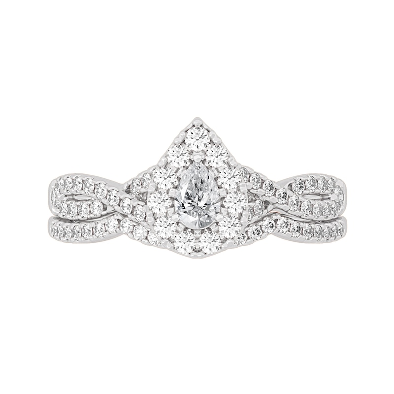 Main Image 3 of 3/4 CT. T.W. Pear-Shaped Diamond Frame Twist Shank Bridal Set in 14K White Gold (I/SI2)