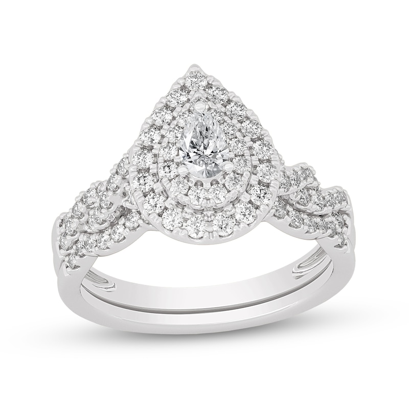 Main Image 1 of 3/4 CT. T.W. Pear-Shaped Diamond Double Frame Twist Shank Bridal Set in 14K White Gold (I/SI2)