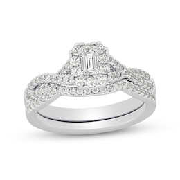 3/4 CT. T.W. Emerald-Cut Diamond Frame Twist Shank Bridal Set in 14K White Gold (I/SI2)