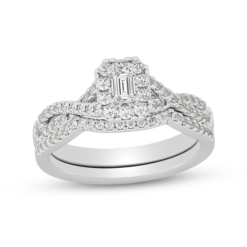 Main Image 1 of 3/4 CT. T.W. Emerald-Cut Diamond Frame Twist Shank Bridal Set in 14K White Gold (I/SI2)