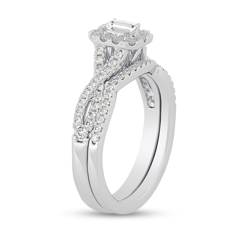 Main Image 2 of 3/4 CT. T.W. Emerald-Cut Diamond Frame Twist Shank Bridal Set in 14K White Gold (I/SI2)