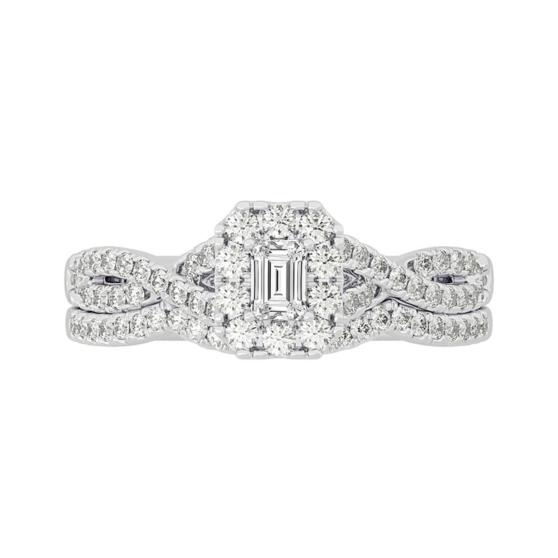 Main Image 3 of 3/4 CT. T.W. Emerald-Cut Diamond Frame Twist Shank Bridal Set in 14K White Gold (I/SI2)