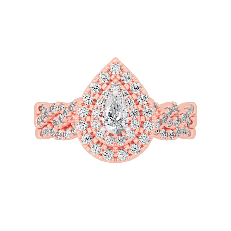 Main Image 3 of 3/4 CT. T.W. Pear-Shaped Diamond Double Frame Twist Shank Bridal Set in 14K Rose Gold (I/SI2)