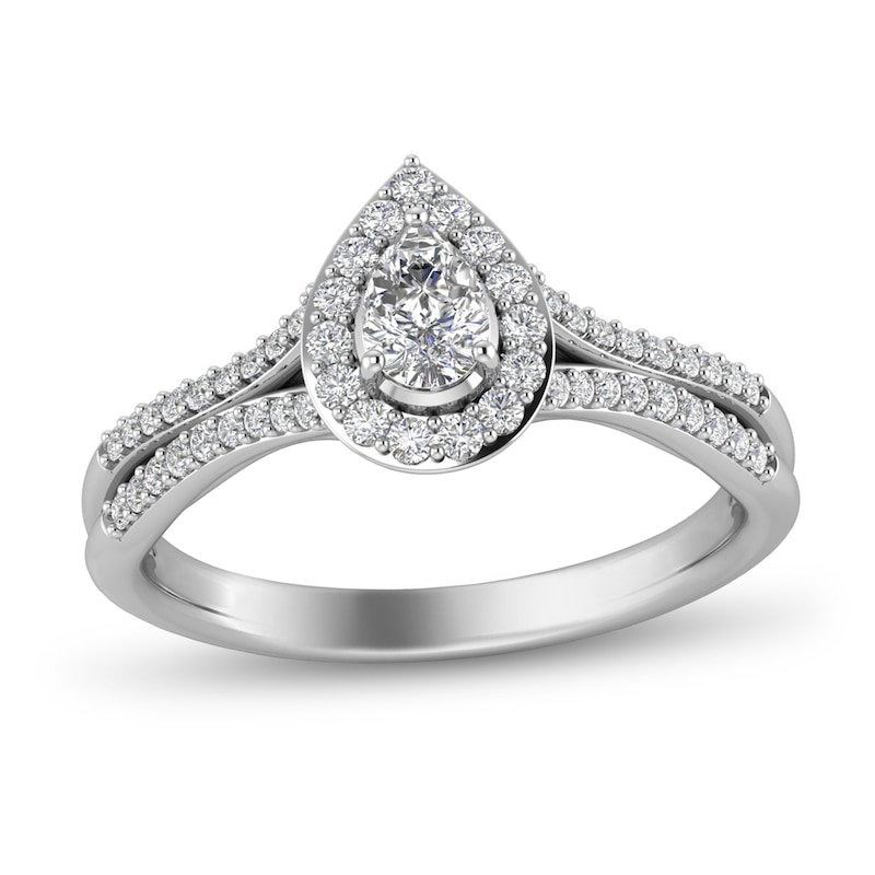 Main Image 1 of 1/2 CT. T.W. Pear-Shaped Diamond Frame Wavy Split Shank Engagement Ring in 14K White Gold