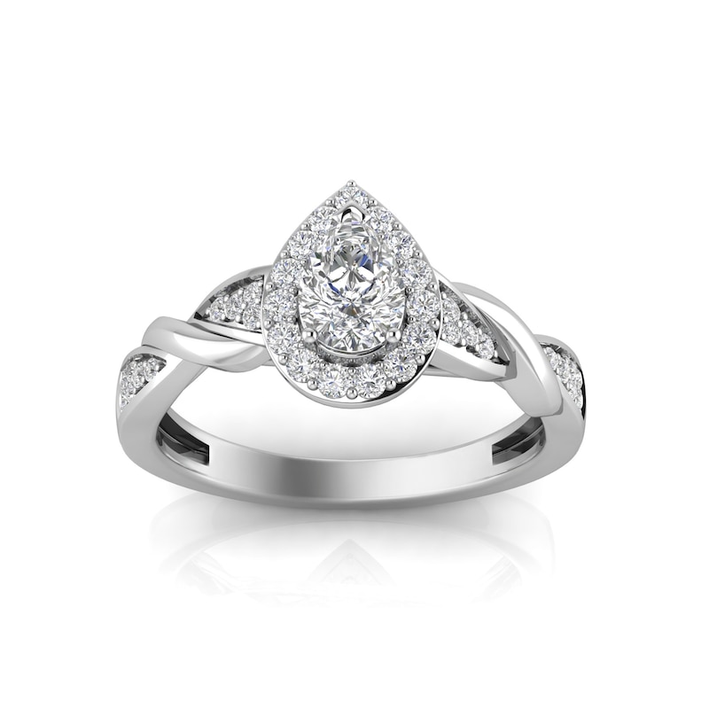 Main Image 1 of 1/2 CT. T.W. Pear-Shaped Diamond Frame Polished Braid Engagement Ring in 14K White Gold
