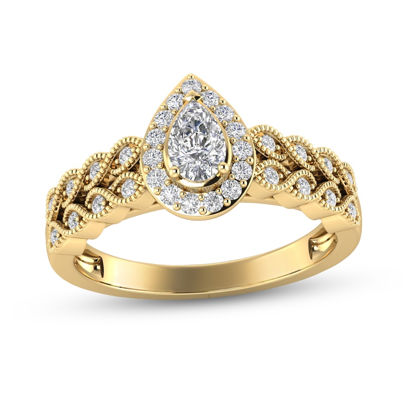Main Image 1 of 1/2 CT. T.W. Pear-Shaped Diamond Cascading Vintage-Style Double Row Engagement Ring in 14K Gold