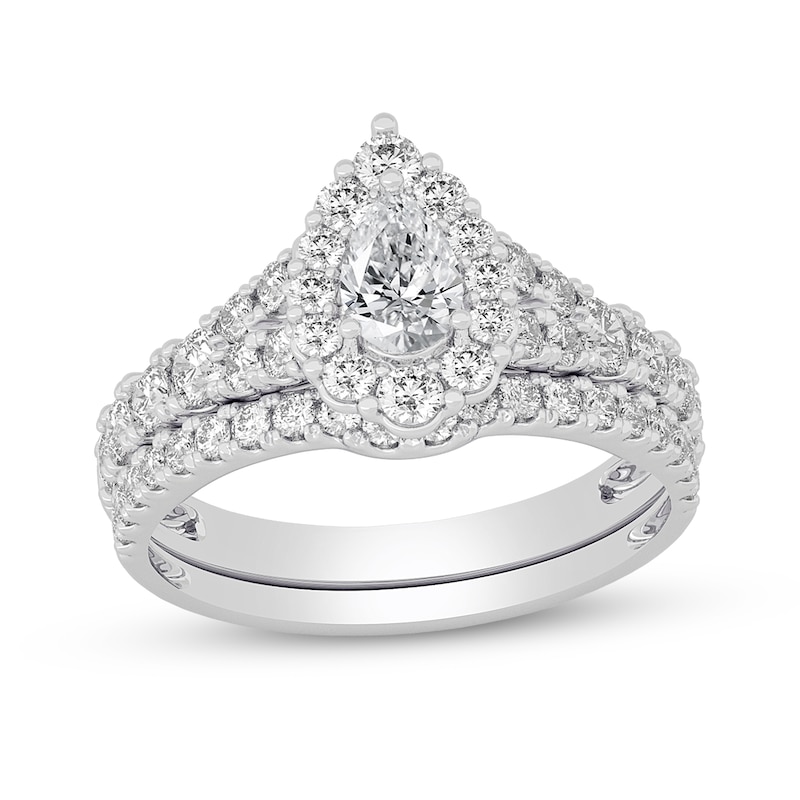 Main Image 1 of 1-1/2 CT. T.W. Pear-Shaped Diamond Scallop Frame Bridal Set in 14K White Gold (I/SI2)