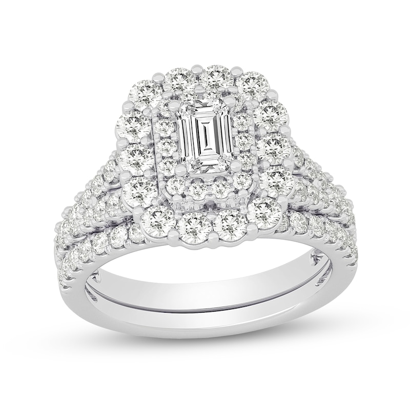 Main Image 1 of 2 CT. T.W. Emerald-Cut Diamond Scallop Frame Bridal Set in 14K White Gold (I/SI2)