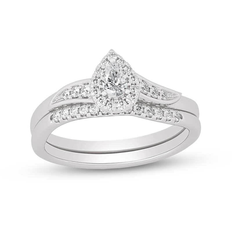 3/8 CT. T.W. Pear-Shaped Diamond Frame Bypass Bridal Set in 14K White Gold (I/SI2)