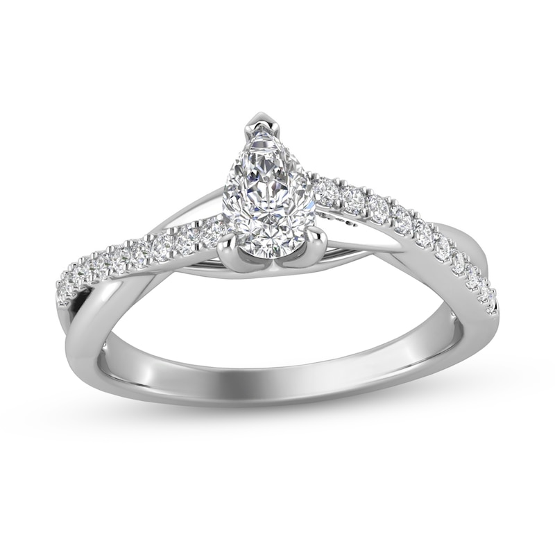 Main Image 1 of 5/8 CT. T.W. Pear-Shaped Diamond Criss-Cross Shank Engagement Ring in 14K White Gold (I/SI2)