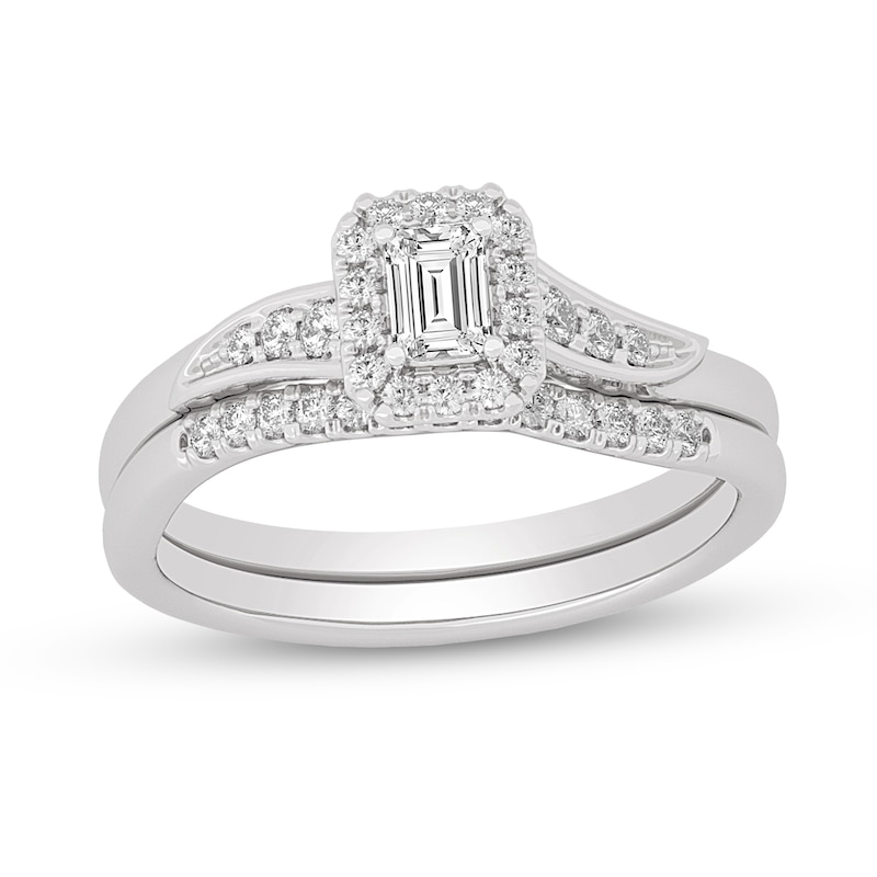 Main Image 1 of 3/8 CT. T.W. Emerald-Cut Diamond Frame Bypass Bridal Set in 14K White Gold (I/SI2)