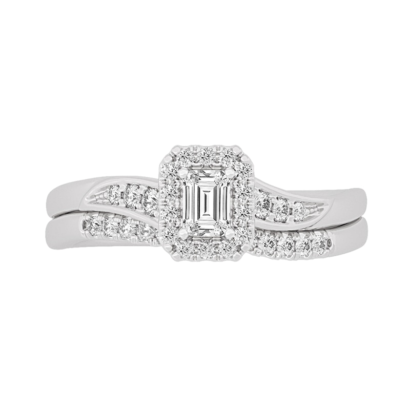 Main Image 3 of 3/8 CT. T.W. Emerald-Cut Diamond Frame Bypass Bridal Set in 14K White Gold (I/SI2)
