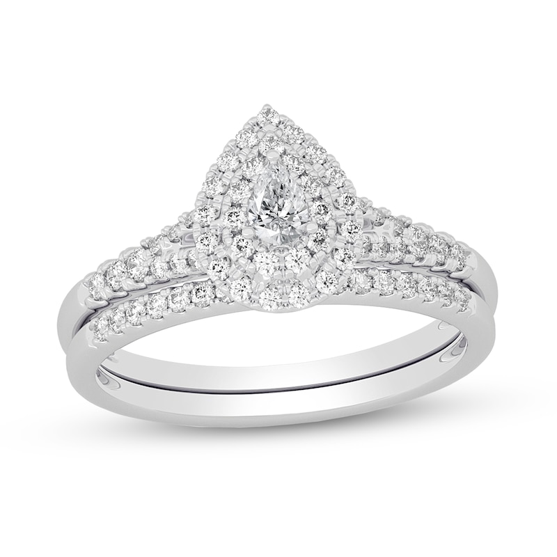 Main Image 1 of 3/8 CT. T.W. Pear-Shaped Diamond Double Frame Split Shank Bridal Set in 14K White Gold (I/SI2)