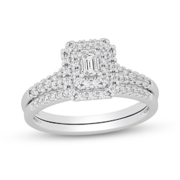 3/8 CT. T.W. Emerald-Cut Diamond Double Frame Split Shank Bridal Set in 14K White Gold (I/SI2)