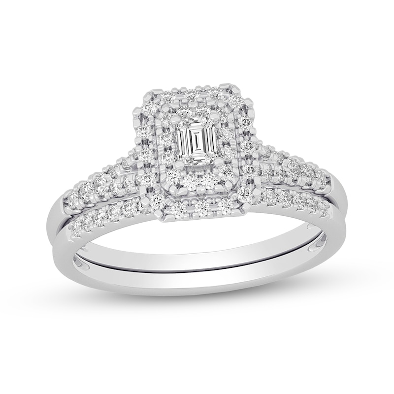 Main Image 1 of 3/8 CT. T.W. Emerald-Cut Diamond Double Frame Split Shank Bridal Set in 14K White Gold (I/SI2)