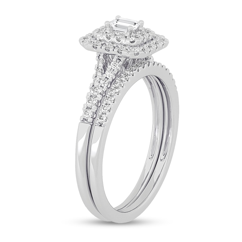 Main Image 2 of 3/8 CT. T.W. Emerald-Cut Diamond Double Frame Split Shank Bridal Set in 14K White Gold (I/SI2)