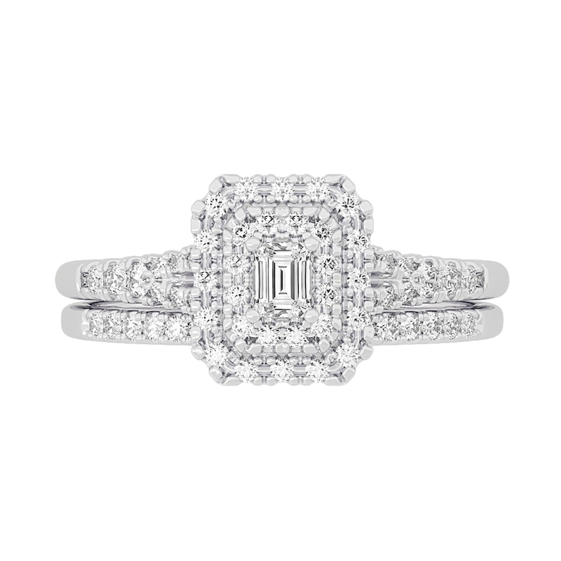 Main Image 3 of 3/8 CT. T.W. Emerald-Cut Diamond Double Frame Split Shank Bridal Set in 14K White Gold (I/SI2)