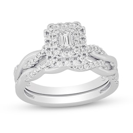 3/8 CT. T.W. Emerald-Cut Diamond Double Frame Twist Shank Bridal Set in 14K White Gold (I/SI2)