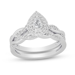3/8 CT. T.W. Pear-Shaped Diamond Double Frame Twist Shank Bridal Set in 14K White Gold (I/SI2)
