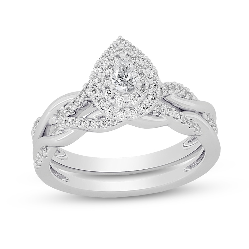 Main Image 1 of 3/8 CT. T.W. Pear-Shaped Diamond Double Frame Twist Shank Bridal Set in 14K White Gold (I/SI2)