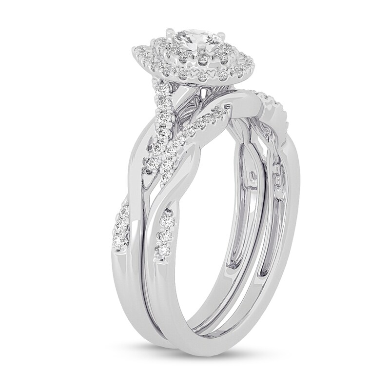 Main Image 2 of 3/8 CT. T.W. Pear-Shaped Diamond Double Frame Twist Shank Bridal Set in 14K White Gold (I/SI2)