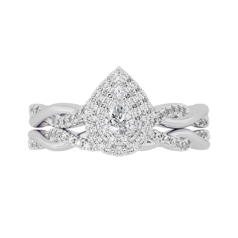 Main Image 3 of 3/8 CT. T.W. Pear-Shaped Diamond Double Frame Twist Shank Bridal Set in 14K White Gold (I/SI2)