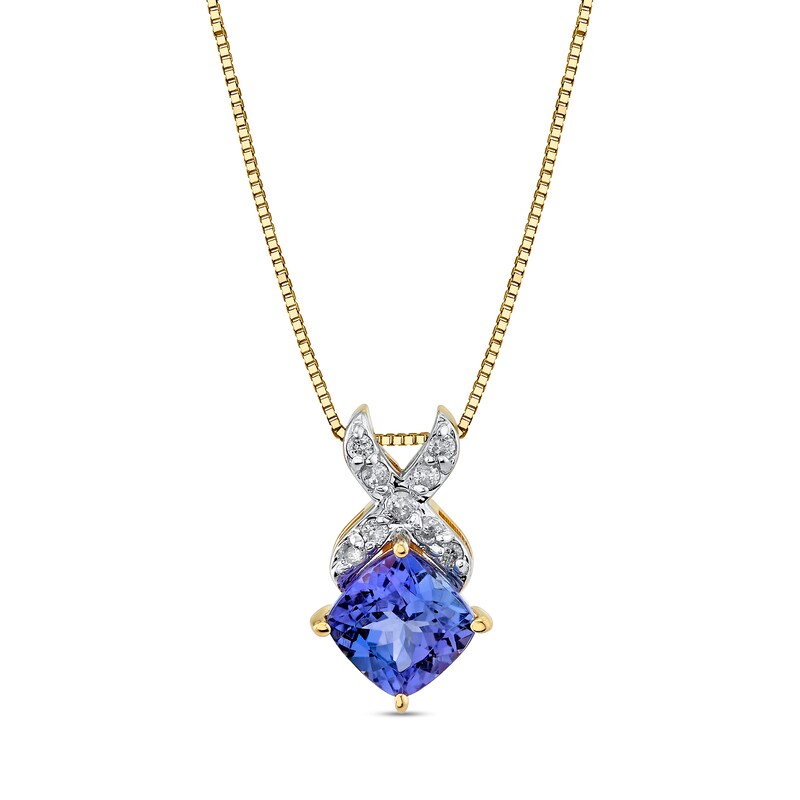 Main Image 1 of Tilted 6.0mm Cushion-Cut Tanzanite and 1/10 CT. T.W. Diamond "X" Pendant in 10K Gold