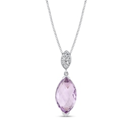 Marquise-Cut Pink Quartz and 1/20 CT. T.W. Diamond Dangle Pendant in 14K White Gold