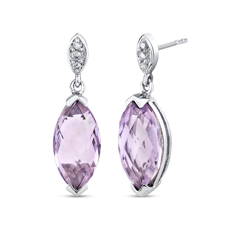 Main Image 1 of Marquise-Cut Pink Quartz and 1/20 CT. T.W. Diamond Dangle Drop Earrings in 14K White Gold