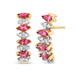 Alternating Marquise-Cut Tourmaline and 1/4 CT. T.W. Diamond Hoop Earrings in 14K Gold