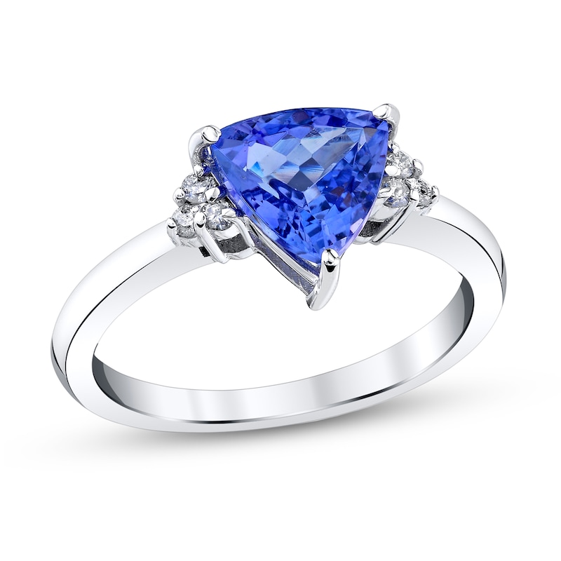 Main Image 1 of 8.0mm Trillion-Cut Tanzanite and 1/10 CT. T.W. Diamond Tri-Sides Ring in 10K White Gold