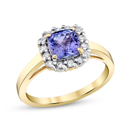6.0mm Cushion-Cut Tanzanite and 1/4 CT. T.W. Diamond Frame Ring in 14K Gold