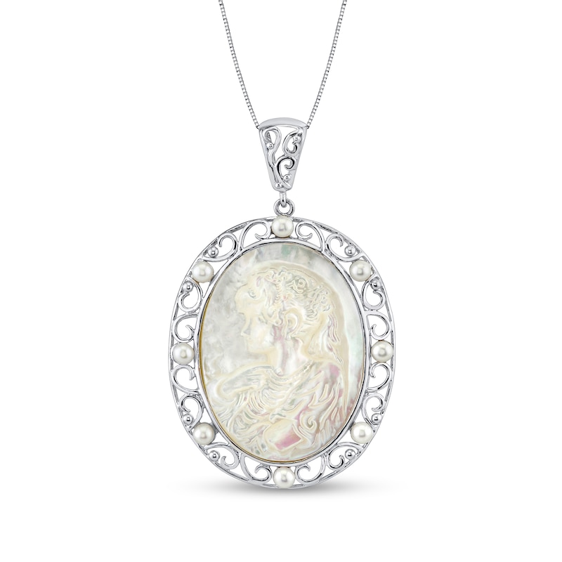 Main Image 1 of Oval Mother-of-Pearl Cameo and Freshwater Cultured Pearl Filigree Frame Pendant in Sterling Silver