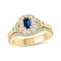 Emerald-Cut Blue Lab-Created Sapphire and 3/8 CT. T.W. Diamond Frame Floral Bridal Set in 10K Gold