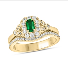 Emerald-Cut Lab-Created Emerald and 3/8 CT. T.W. Diamond Frame Floral Bridal Set in 10K Gold