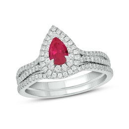 Pear-Shaped Lab-Created Ruby and 1/2 CT. T.W. Diamond Frame Split Shank Bridal Set in 10K White Gold
