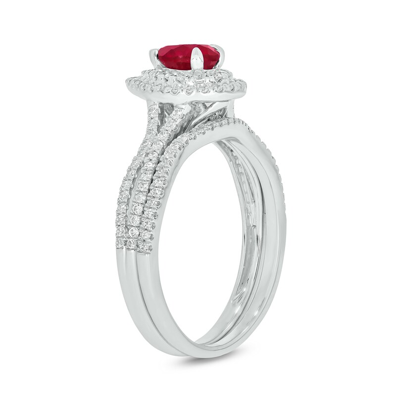 Main Image 2 of Pear-Shaped Lab-Created Ruby and 1/2 CT. T.W. Diamond Frame Split Shank Bridal Set in 10K White Gold