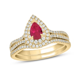 Pear-Shaped Lab-Created Ruby and 1/2 CT. T.W. Diamond Frame Split Shank Bridal Set in 10K Gold