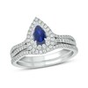 Thumbnail Image 1 of Pear-Shaped Blue Lab-Created Sapphire and 1/2 CT. T.W. Diamond Frame Split Shank Bridal Set in 10K White Gold