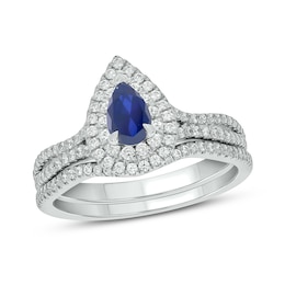 Pear-Shaped Blue Lab-Created Sapphire and 1/2 CT. T.W. Diamond Frame Split Shank Bridal Set in 10K White Gold