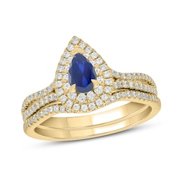 Pear-Shaped Blue Lab-Created Sapphire and 1/2 CT. T.W. Diamond Frame Split Shank Bridal Set in 10K Gold