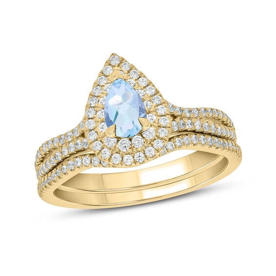 Pear-Shaped Aquamarine and 1/2 CT. T.W. Diamond Frame Split Shank Bridal Set in 10K Gold