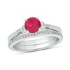 Thumbnail Image 1 of 6.0mm Lab-Created Ruby and 1/5 CT. T.W. Diamond Tri-Sides Bridal Set in 10K White Gold